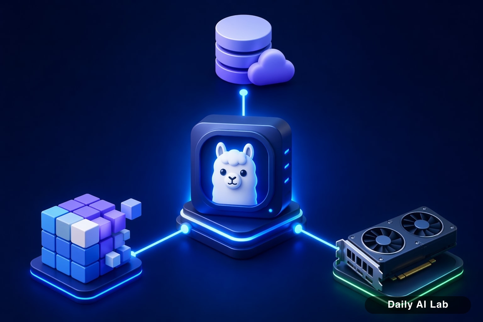 Ollama 느릴 때 점검할 7가지: 모델·양자화·GPU 설정의 핵심 개념을 단순한 테크 일러스트로 표현한 대표 이미지