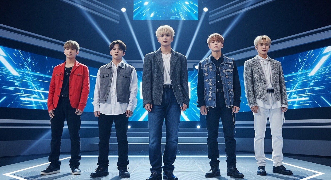 민희진 프로듀서가 선보일 신인 보이그룹 멤버들이 화려한 무대 위에서 자신감 넘치는 모습으로 서 있는 모습. K팝 데뷔 기대감과 엔터주 시장의 역동성을 상징합니다.