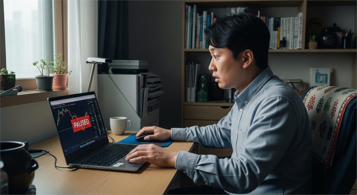 거래정지 상태를 확인하며 놀란 개인 투자자 모습 