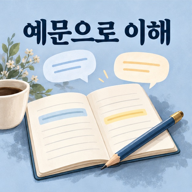 펼친 공책과 연필 및 말풍선으로 예문을 통해 뜻을 이해하는 모습