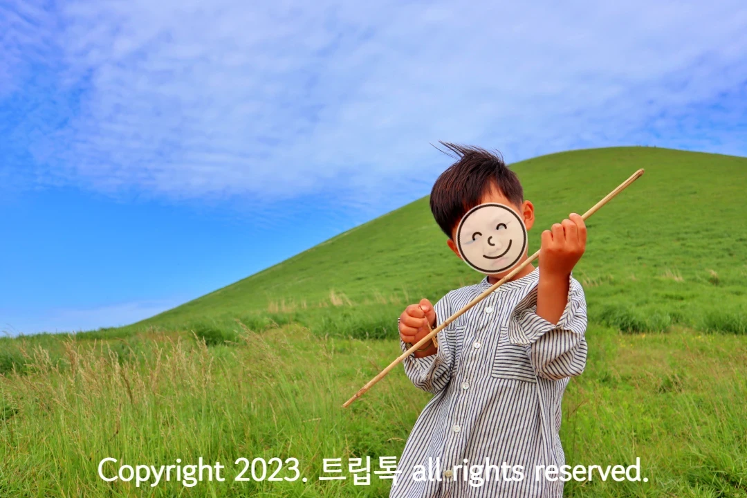 둥그런 산의 꼭대기를 배경으로 억새 줄기를 유심히 바라보는 아이