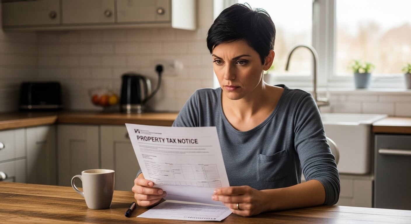  여성이 주방 식탁에서 재산세 고지서를 읽는 장면