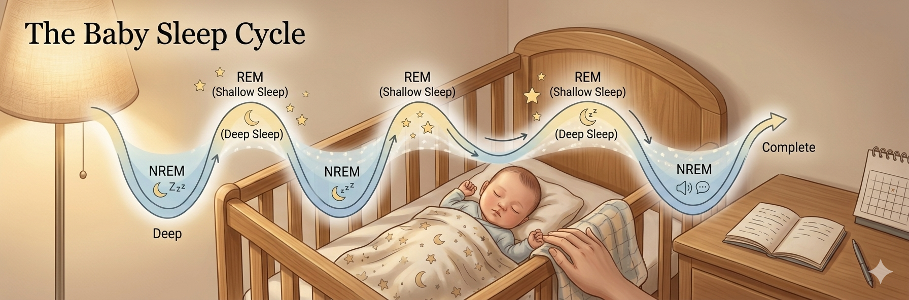 아기 수면 사이클(The Baby Sleep Cycle)을 시각화한 일러스트. 원목 아기 침대에서 아기가 평온하게 잠들어 있고, 그 위로 얕은 잠(REM 수면)과 깊은 잠(NREM 수면)의 파동이 물결 모양의 그래프로 표현되어 있다. 그래프에는 REM(Shallow Sleep), NREM(Deep Sleep)이라는 영문 텍스트와 달, 별, 잠자는 아이콘이 포함되어 있으며, 침대 옆에는 은은한 스탠드 조명과 육아 일기장이 놓여 있다.
