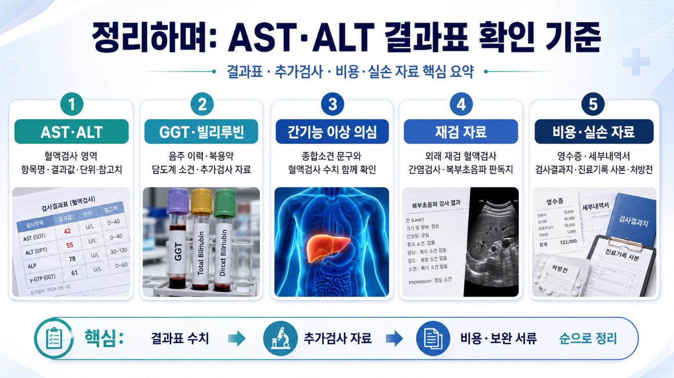 AST&middot;ALT 결과표 확인 기준과 GGT&middot;빌리루빈, 재검 자료, 비용&middot;실손 자료를 핵심 요약한 인포그래픽