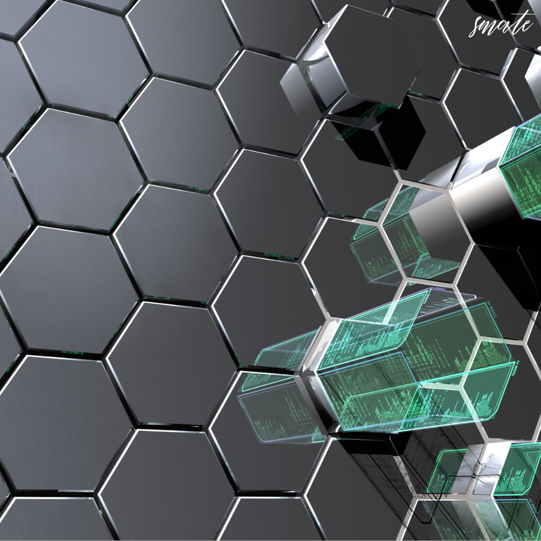 통합된 투명 데이터 블록을 갖춘 육각형 구조의 추상 표현