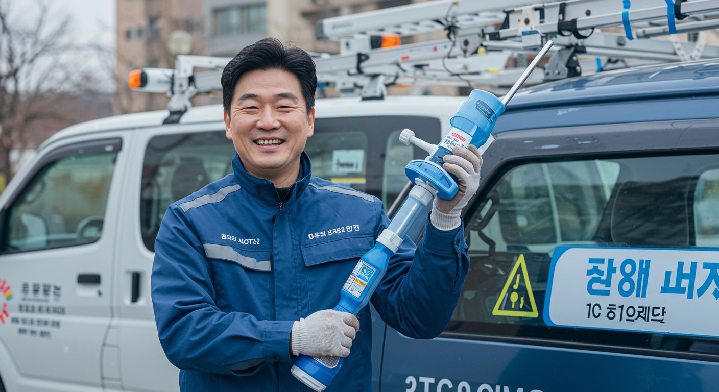 에어컨 청소 작업을 마친 한국 창업자가 서비스 차량 옆에서 미소 짓는 모습