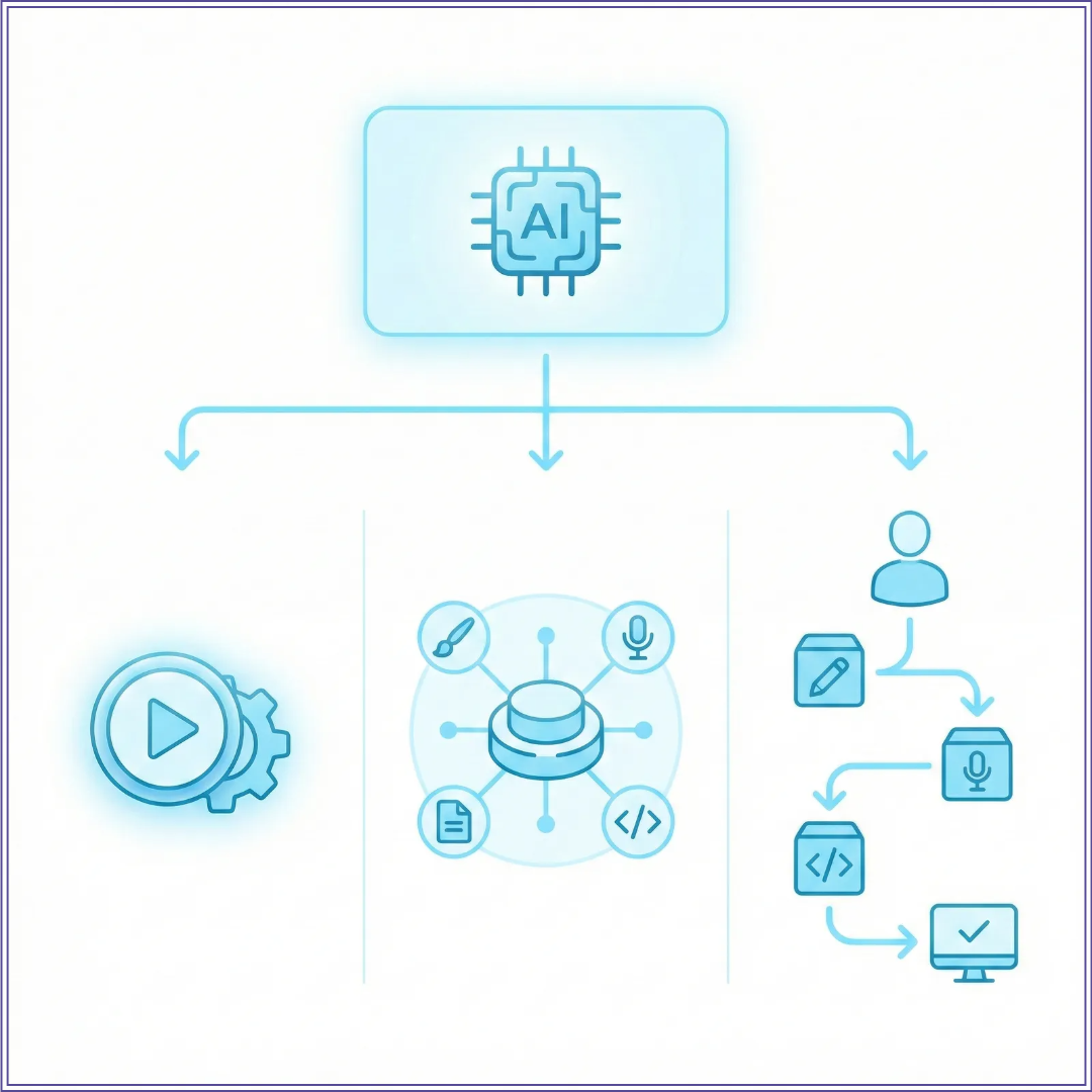 AI 기능이 하나의 출발점에서 세 가지 다른 연결 방식으로 나뉘는 구조를 아이콘으로 표현한 개념 이미지