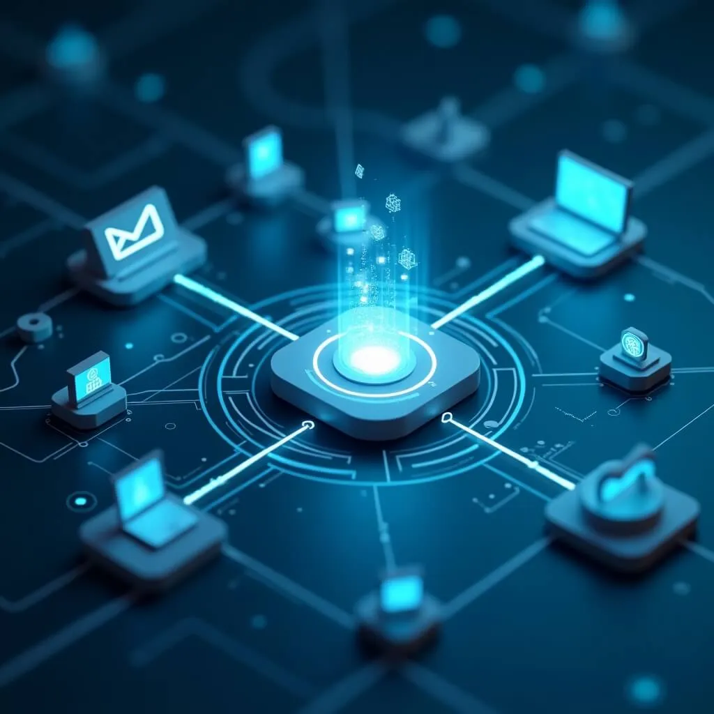 젠스파크 AI 사용법: 젠스파크 AI 워크스페이스의 Gmail, Google Calendar, Google Drive 연동을 시각화한 네트워크 다이어그램. 중앙의 AI 허브를 중심으로 이메일, 캘린더, 클라우드 스토리지 아이콘들이 빛나는 연결선으로 이어지며 데이터 입자가 흐르는 미래적 연동 시스템 (Genspark workspace integration Gmail Google Calendar Drive connection network visualization)