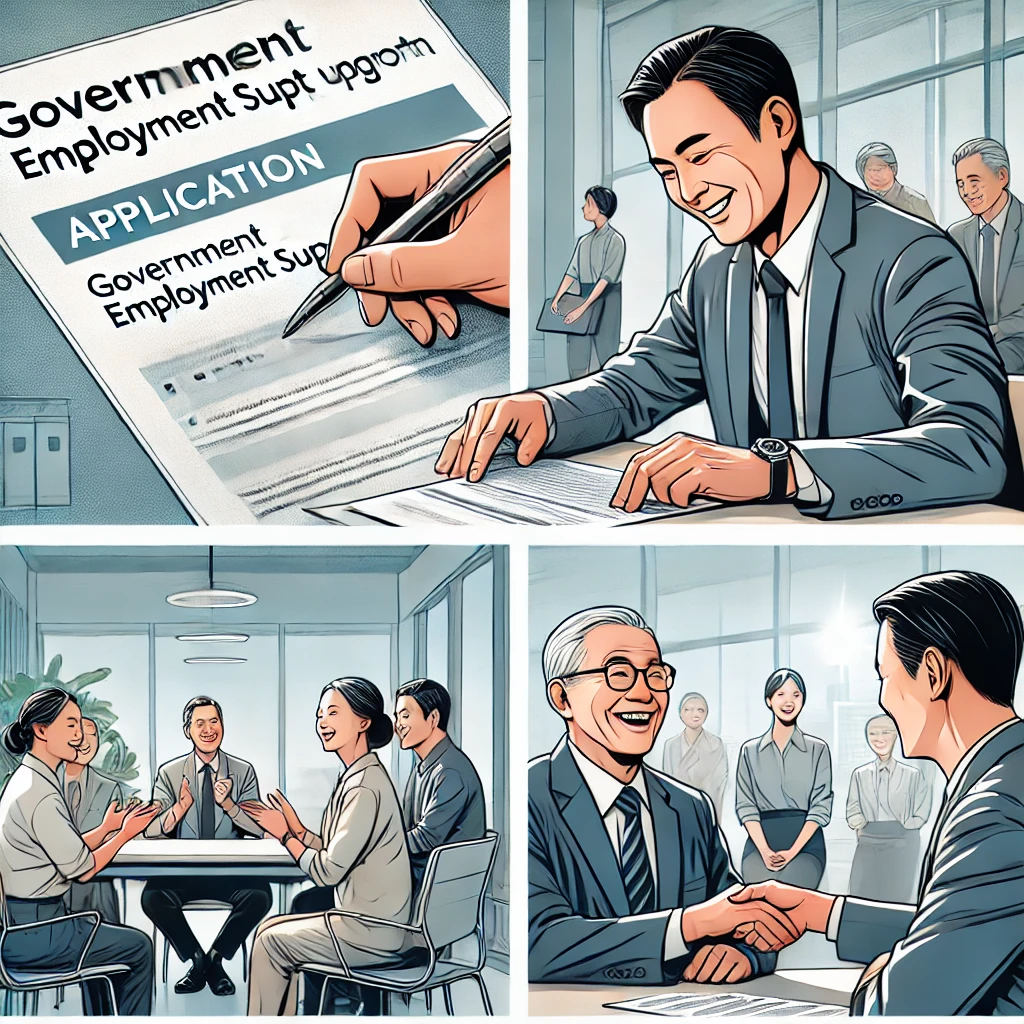 정부 고용지원 프로그램에 신청서를 작성하는 고령 근로자, 프로그램 혜택을 설명받는 장면