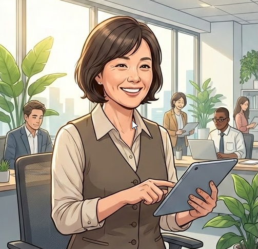 전기차 관련 기업에서 멘토링을 받으며 웃고 있는 중장년 사원