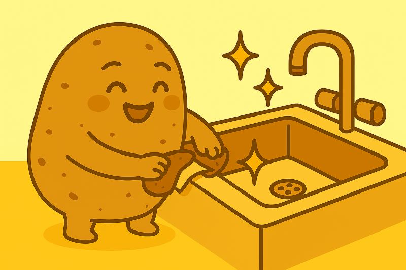 "귀여운 감자 캐릭터가 자신의 껍질로 반짝이는 싱크대를 문지르며 뿌듯해 하는 모습."