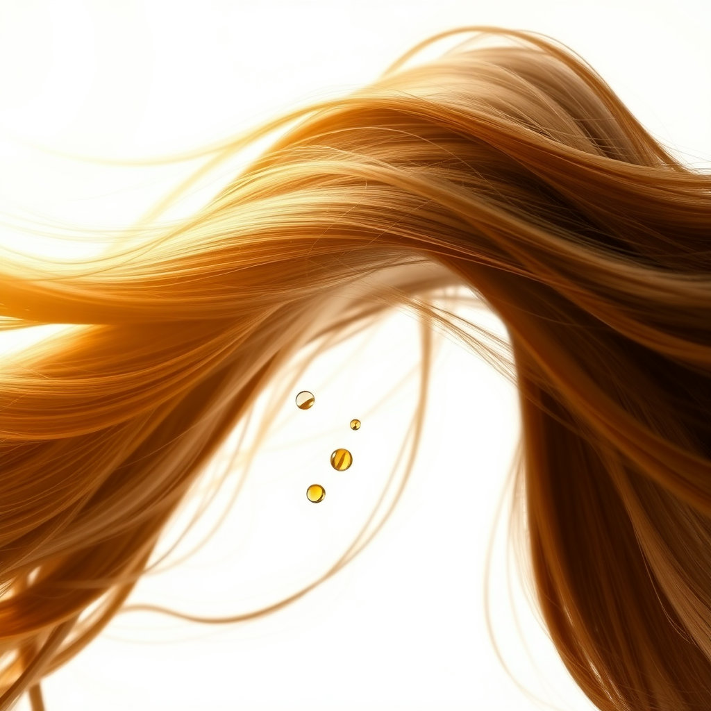 건강하고 풍성하며 윤기 나는 머릿결이 바람에 부드럽게 날리는 모습을 표현하고, 그 위에 올리브 오일 방울이 내려앉아 촉촉함과 영양을 공급하는 듯한 효과를 줍니다. 부드러운 조명과 깨끗한 배경으로 신선한 느낌을 강조합니다.