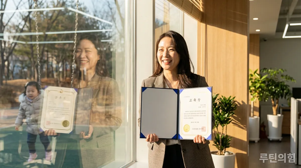 새로운 자격증을 들고 환하게 웃는 한국인 워킹맘, 직장과 육아의 균형을 상징하는 모습