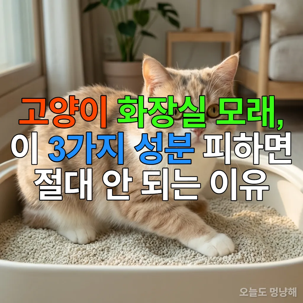 깨끗한 화장실 모래에서 편안하게 앉아 있는 고양이의 모습