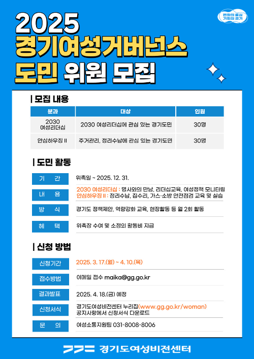 경기도민이라면 누구나! 여성리더십·주거정책 직접 참여하는 도민 위원 모집