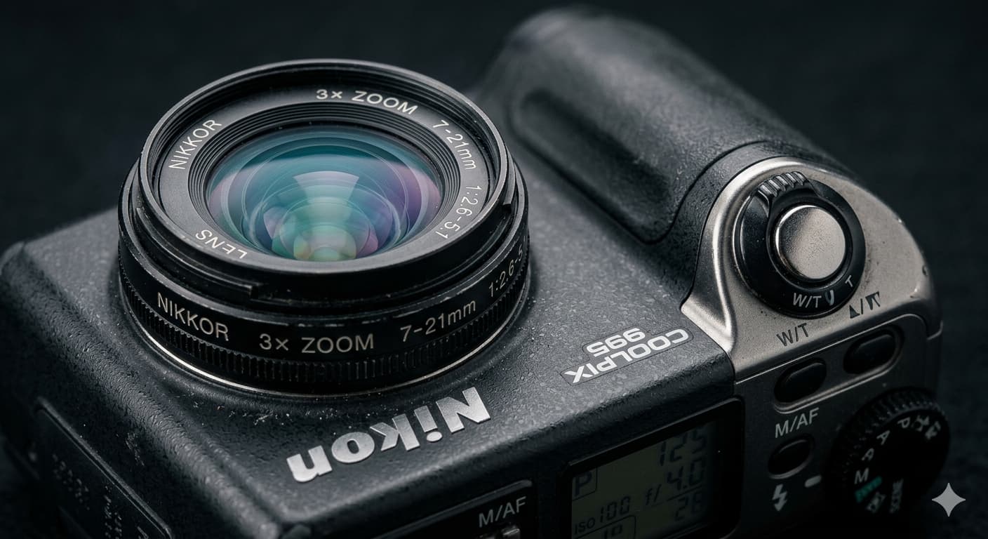 니콘 쿨픽스 렌즈와 상단 조작 버튼을 근접 촬영한 매크로 사진. 렌즈 표면의 푸른색 코팅과 금속 바디의 정밀한 질감, 니콘 로고가 강조된 고화질 스튜디오 컷.