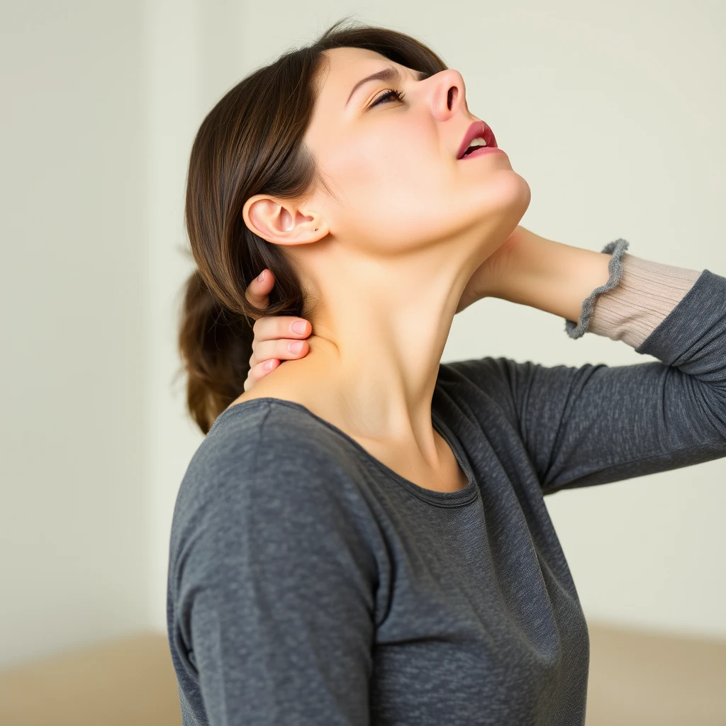 목을 잡고 고통스러워 하는 여성의 모습