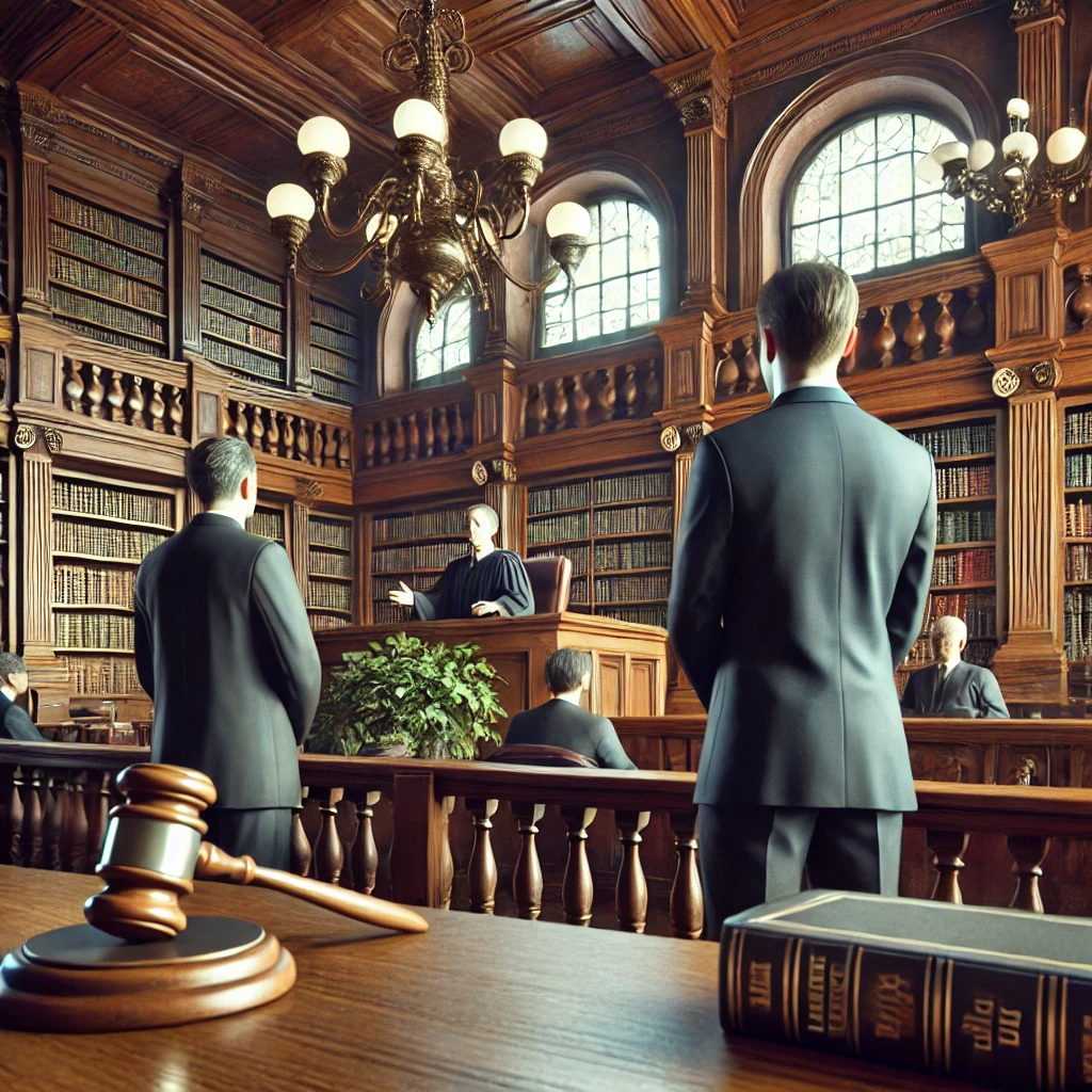 판사가 판결을 내리고 두 변호사가 주목하는 법정 모습