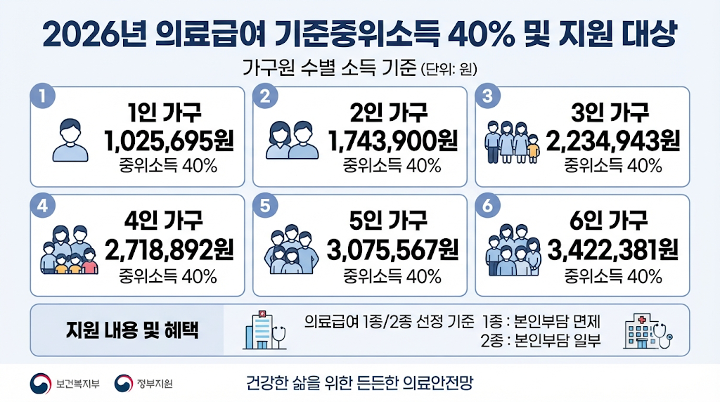 1~6인 가구별 의료급여 선정기준을 한눈에 비교하는 표형 인포그래픽
