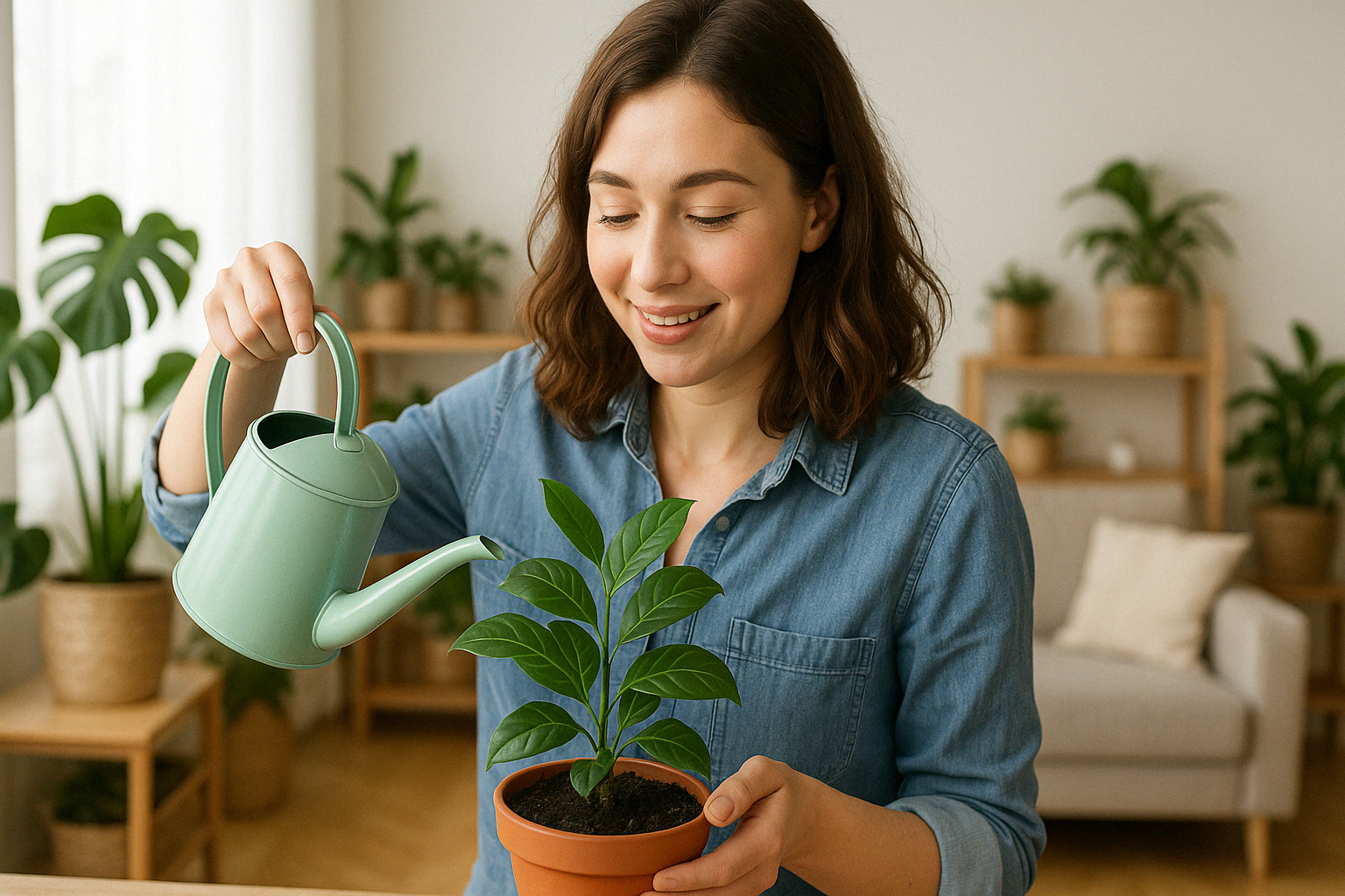 반려식물에게 물을 주는 여성