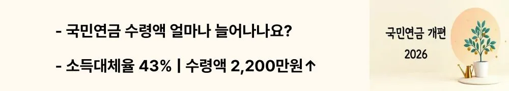 '국민연금 수령액 얼마나 늘어나나요?, 소득대체율 43% ❘ 수령액 2,200만원↑'라는 문구가 포함된 웹배너 이미지. 이 이미지는 2026년 국민연금 개편으로 소득대체율이 43%로 상향되고 40년 가입 기준 총 수령액이 약 2,200만원 증가하며 출산·군복무 크레딧으로 추가 혜택을 받을 수 있음을 시각적으로 전달하며, 블로그의 국민연금 수령액 계산과 관련된 내용을 설명함