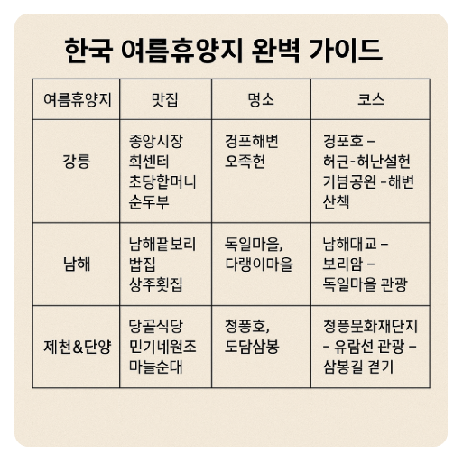한국 여름 휴양지 완벽 가이드 강릉, 남해, 제천&단양의 맛집 , 명소, 코스를 표로 정리한 이미지