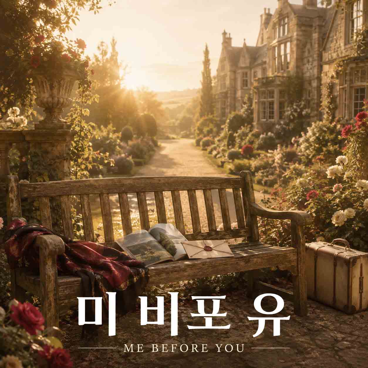 영화 미 비포 유를 표현한 따뜻한 햇살이 비치는 영국 저택의 정원과 꽃길, 나무 벤치 위 책과 편지, 옆에 놓인 여행 가방 이미지