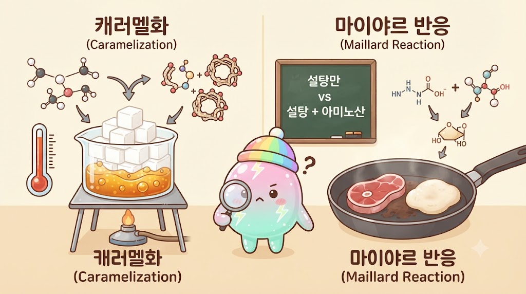 쫀쿠의 디저트 과학 실험실입니다. 왼쪽 비커에서는 순수한 설탕이 고온에서 분해되며 황금빛 캐러멜로 변하는 '캐러멜화'가 일어나고, 오른쪽 프라이팬에서는 스테이크와 빵이 아미노산과 만나 갈색으로 구워지는 '마이야르 반응'이 진행됩니다. 쫀쿠가 두 반응의 차이를 설명하고 있습니다.