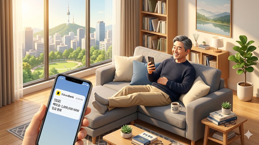 따뜻한 햇살 아래 은퇴한 아빠가 스마트폰으로 '배당금 100만 원 입금' 알람을 확인하며 인자하게 웃는 3D 일러스트