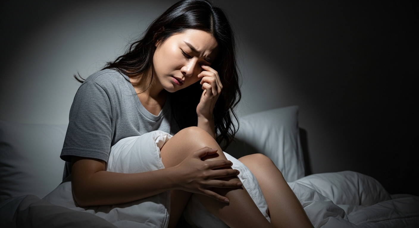 칼슘 부족 증상으로 밤에 종아리 쥐와 눈 떨림 증상을 겪는 여성 모습