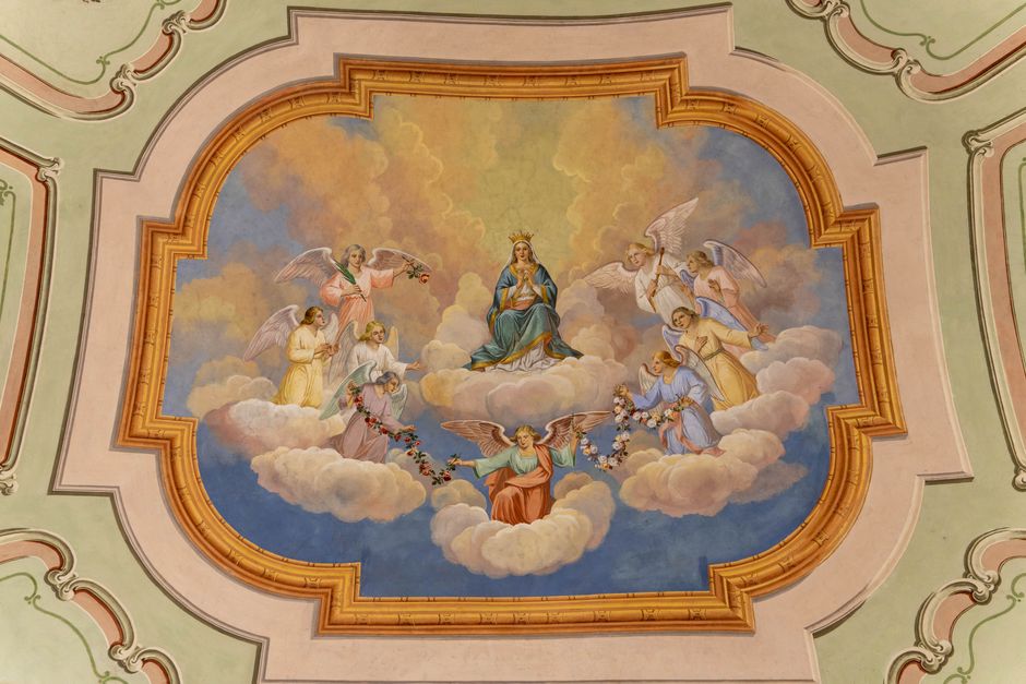 A vibrant fresco depicting angels and Virgin Mary surrounded by clouds in a classical style.