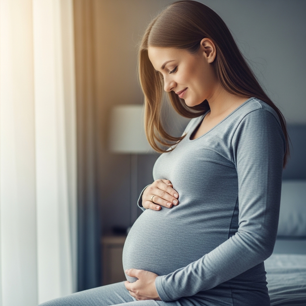 임신 후기 만삭의 배를 다정하게 감싸고 있는 여성의 모습, 평화롭고 따뜻한 분위기.