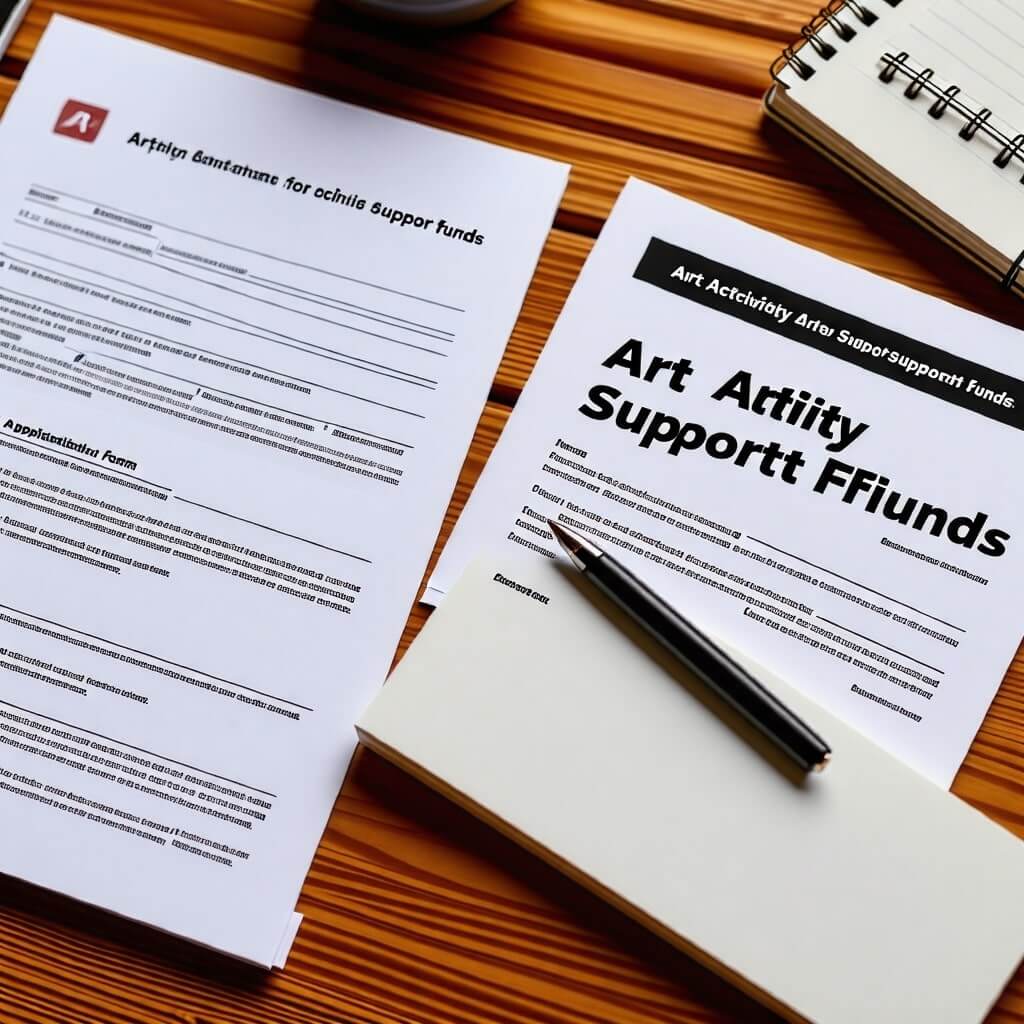 지원금 관련 서류: 예술활동지원금 신청서나 관련 서류가 테이블 위에 놓여 있는 모습. 서류 옆에는 펜과 노트가 있어, 예술가가 계획을 세우고 있는 느낌