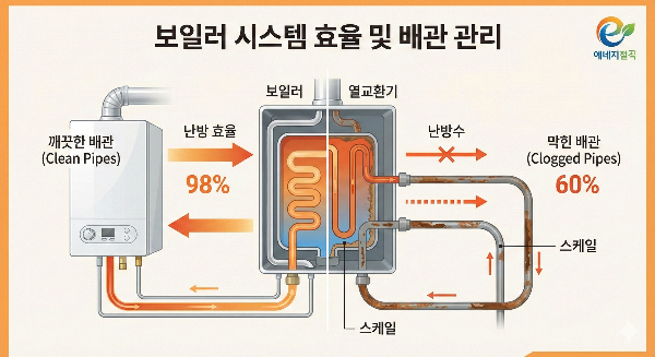 깨끗한 배관과 막힌 배관 비교를 보여주는 보일러 난방 효율 인포그래픽
