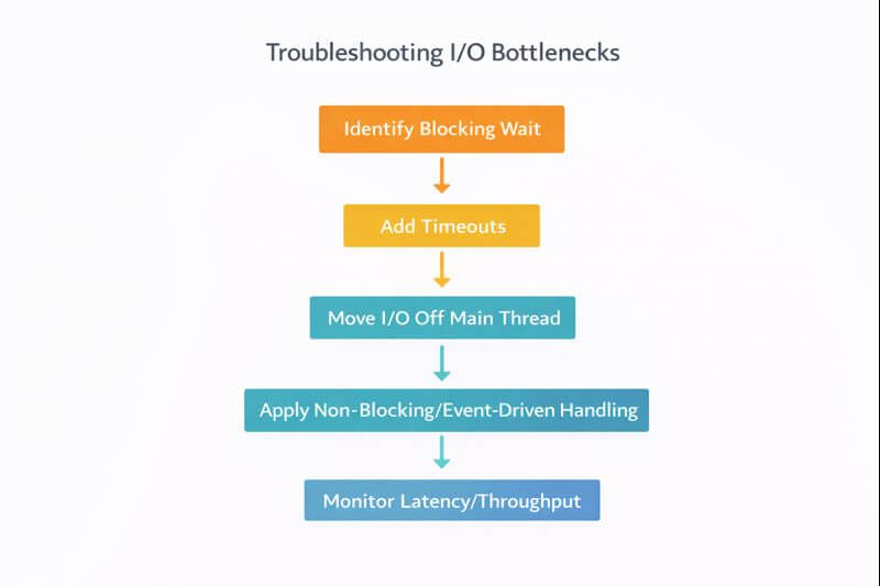 전산학에서 네트워크나 파일 I/O로 인해 블로킹 대기가 길어질 때, 타임아웃 설정과 작업 분리, 논블로킹 이벤트 처리로 개선하는 진단 및 개선 흐름도