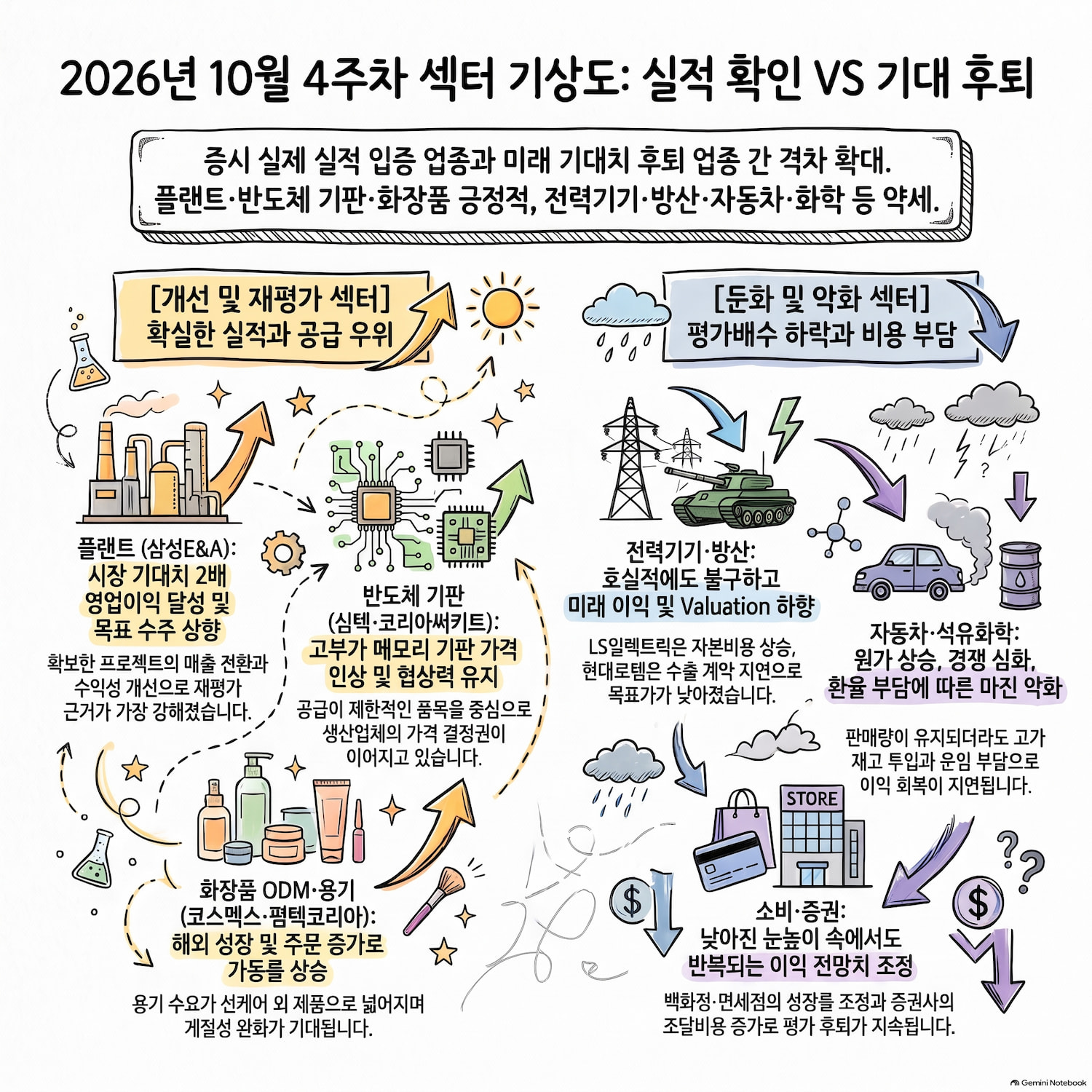 플랜트·AI 공급망은 개선, 전력기기·방산은 기대 후퇴|2026년 10월 4주차 리포트 분석