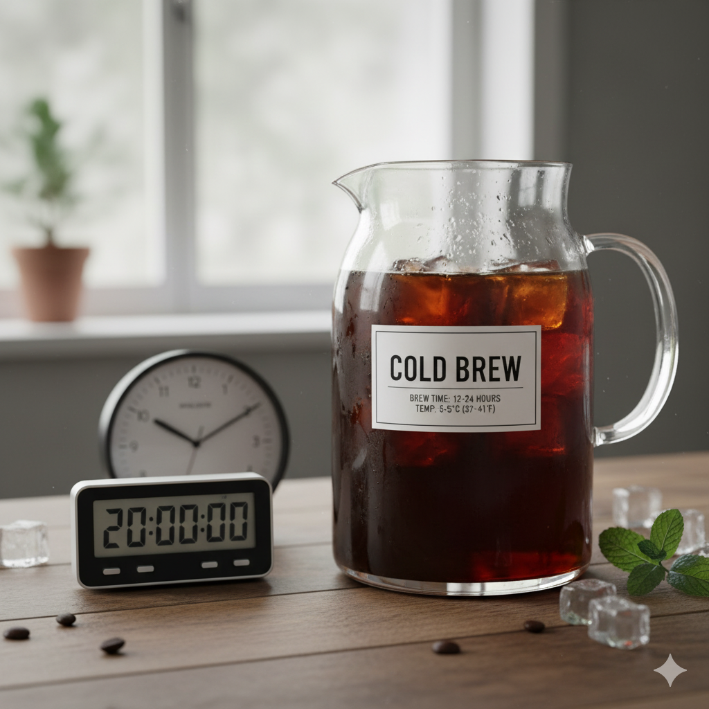 유리병에 담긴 콜드브루 커피와 시계, 추출 시간과 보관 온도를 상징적으로 표현한 이미지(이미지 생성:google)