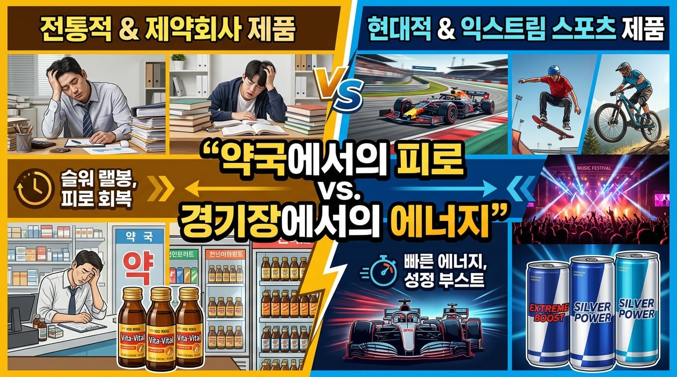 박카스와 레드불이 판매 채널과 브랜드 장면을 다르게 구축한 방식을 비교한 이미지