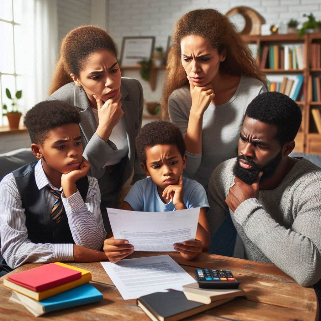 상속세 계산 명세서가 이해되지 않는 표정의 가족들.