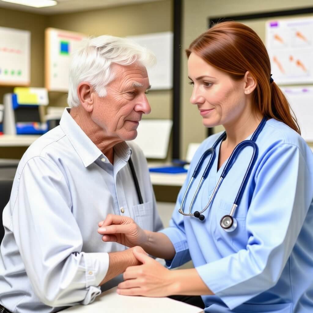 요양보호사의 전문성: 요양보호사가 의료 기기를 사용하여 노인의 건강 상태를 체크하는 모습. 전문적인 환경을 강조.