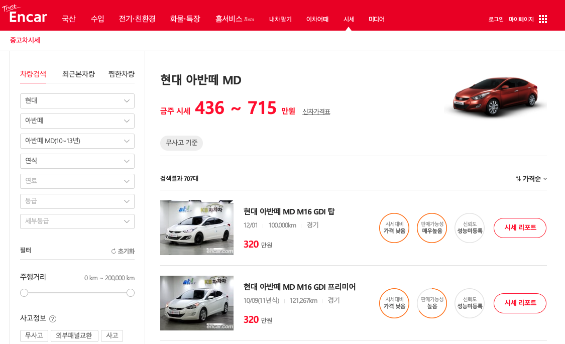 아반떼MD-중고시세