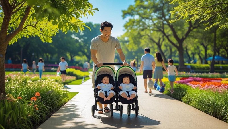 밝은 날씨 속 공원에서 아빠가 쌍둥이 유모차를 밀며 산책하는 모습, 꽃길과 나무가 어우러진 여유로운 육아 일상