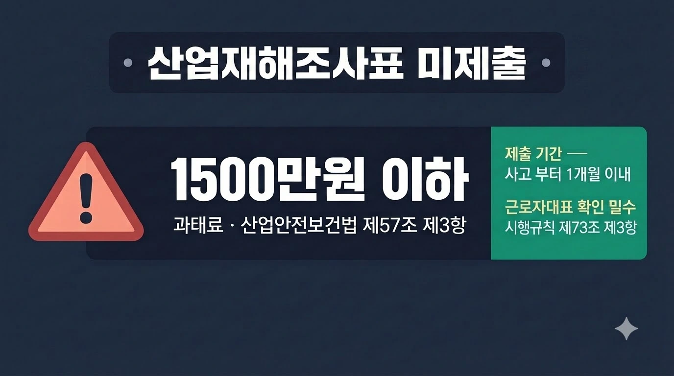 산업재해조사표 미제출 시 과태료 1500만원과 제출 기한&middot;근로자대표 확인 의무를 정리한 경고형 이미지