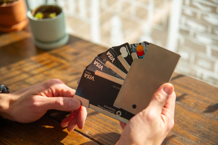 여러 장의 신용카드와 체크카드를 손에 들고 비교하는 모습