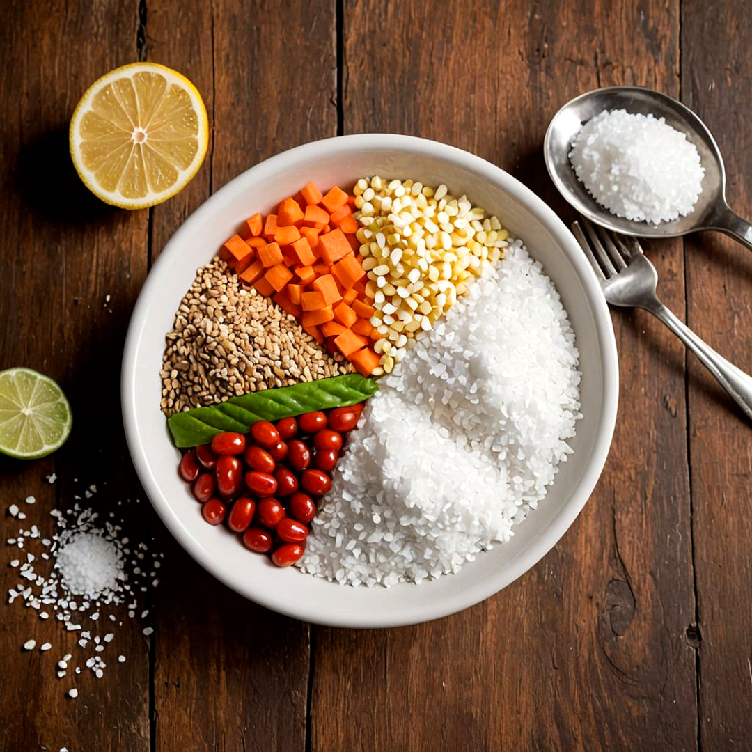 흰 접시에 담긴 저염 식단 재료들이 원형으로 배열되어 있으며, 소금, 곡물, 채소, 콩 등이 구분되어 있다. 나무 테이블 위에 레몬, 라임, 숟가락이 함께 놓여 있다.