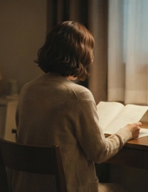 어두운 방, 노트를 펴놓고 앉은 엄마의 뒷모습