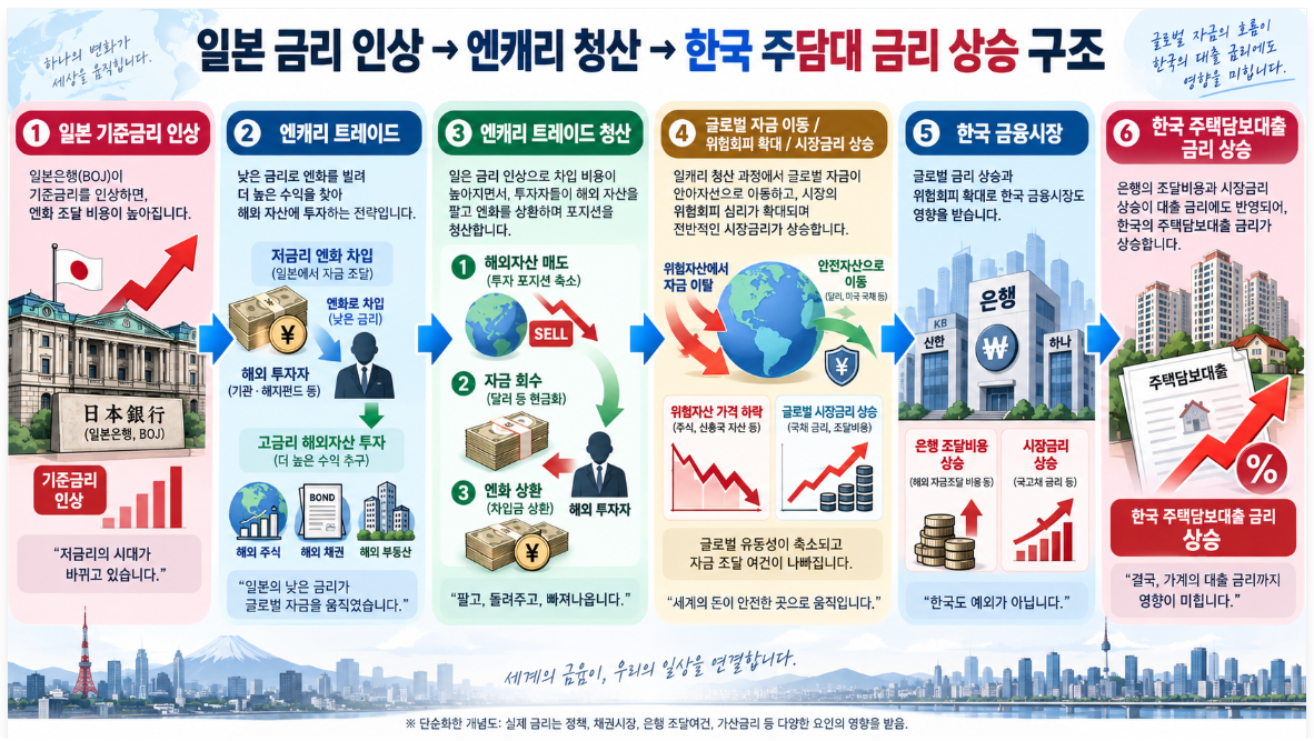 일본 기준금리 인상이 엔캐리 트레이드 청산을 거쳐 한국 주택담보대출 금리 상승으로 연결되는 구조를 표현한 일러스트