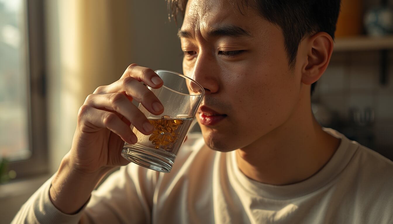 아침 공복에 물과 함께 유산균을 복용하는 남성