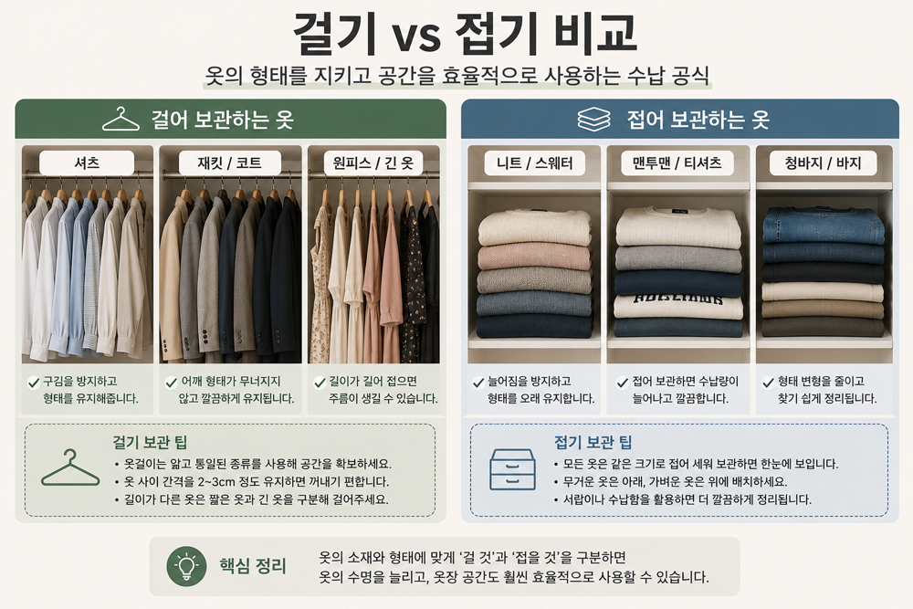 셔츠와 재킷은 걸어 보관하고 니트와 청바지는 접어 보관하는 기준을 비교한 이미지로 옷의 형태를 유지하면서 옷장 공간을 효율적으로 활용하는 수납 방법