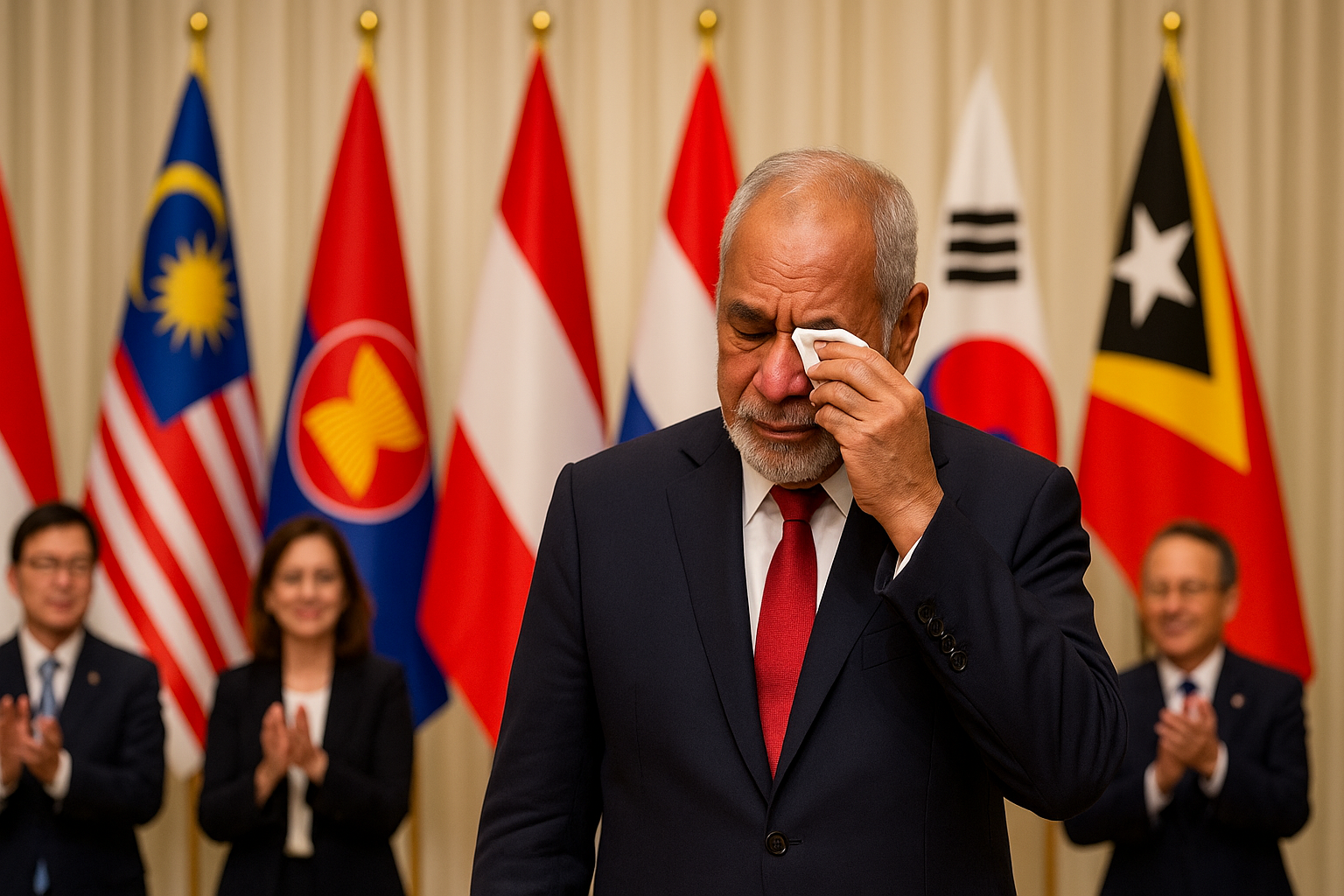 동티모르 총리가 아세안의 11번째 회원국이 된 것을 축하하며 눈물을 보이는 모습을 표현한 일러스트